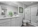Modern bathroom featuring dual sinks, white cabinetry, and a walk-in shower with glass doors at 10108 Florentine Way, Charlotte, NC 28214