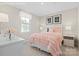 Charming bedroom with soft pink bedding, a white headboard, a bedside table, and a bright window at 10108 Florentine Way, Charlotte, NC 28214