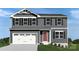 Charming two-story home with gray siding, black shutters, a two-car garage, and a welcoming red front door at 10108 Florentine Way, Charlotte, NC 28214