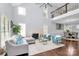 Inviting living room featuring high ceilings, a cozy fireplace, modern furniture, and an open layout for easy living at 10449 Quiet Bay Ct, Charlotte, NC 28278