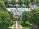 Aerial view of the community pool featuring a clubhouse and well-maintained landscaping at 1061 Woodglen Ln, Matthews, NC 28104