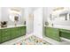 Bathroom featuring double sinks, green cabinets and a floral rug at 1115 Maremont Ct, Matthews, NC 28104