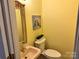 Cozy powder room featuring unique pink sink, decorative mirror, and yellow painted walls at 1228 Hidden Creek Cir, Hickory, NC 28602