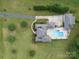 An aerial view shows the home's layout, swimming pool, large lot, and well-manicured landscaping at 1340 Canter Ln, York, SC 29745