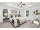 Main bedroom with tray ceilings, a ceiling fan, carpet floors and large windows with decorative curtains at 1815 Wildwood Dr, Charlotte, NC 28214