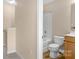 A clean and functional bathroom with a shower-tub combo and neutral finishes at 1907 Sandal Brook Rd, Fort Mill, SC 29707