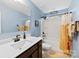 Bathroom featuring blue walls, a vanity with bronze fixtures, and a shower-tub combo with curtain at 225 Tasman Dr, Mount Holly, NC 28120
