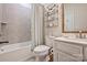 Bright bathroom featuring tiled walls, framed mirror, and a modern vanity at 3722 Ellington St, Charlotte, NC 28211