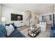 Cozy living room with plush seating, a large TV, decorative rug and staircase to the upper level at 3722 Ellington St, Charlotte, NC 28211