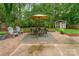 Lush backyard featuring a brick patio with dining set, and a garden shed at 8624 Canter Post Dr, Charlotte, NC 28216