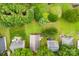 An aerial view of a neighborhood featuring homes with green lawns and mature trees at 122 Pratt St, Belmont, NC 28012