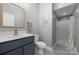 Modern bathroom featuring a vanity with a blue cabinet and a walk-in shower at 12220 Huntersville Concord Rd, Huntersville, NC 28078