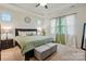 Comfortable main bedroom features a ceiling fan, tray ceiling, two windows and a bed with a green comforter at 16213 Kelby Cv, Charlotte, NC 28278