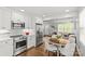 Bright kitchen featuring stainless steel appliances, white cabinets, and a breakfast nook with a view into the living room at 1713 Shamrock Dr, Charlotte, NC 28205