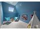 Playful bedroom with a pitched roof, skylight, two chairs, guitar, skateboards, tent and unique decor at 14652 Villalonga Ln, Charlotte, NC 28277