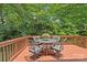 Cozy back deck with a dining table and four chairs, ideal for outdoor dining and enjoying the surrounding greenery at 19746 Valiant Way, Cornelius, NC 28031
