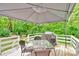 Backyard wood deck featuring covered seating around a patio table with views of the lush tree line at 2289 Mccloud St, Denver, NC 28037