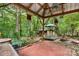 Backyard patio with a wooden pergola over a brick tile base, outdoor seating, and access to nature at 2951 Evergreen Trl, Vale, NC 28168