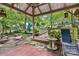 Cozy covered patio with brick flooring, outdoor seating, and lush garden views at 2951 Evergreen Trl, Vale, NC 28168