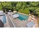 A luxurious pool features a sun deck, lounging chairs, striped umbrellas, and lush surrounding greenery at 362 Windell Dr # 67, Fort Mill, SC 29708
