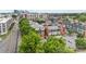 An aerial view of the community, buildings, and train tracks, with a skyline view at 482 New Bern Station Ct, Charlotte, NC 28209