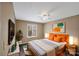 Comfortable bedroom featuring a ceiling fan and a large bed at 809 High Meadow Ln # F, Charlotte, NC 28217