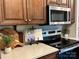 Close up view of kitchen with stainless steel microwave and flat top stove at 1230 Somersby Ln, Matthews, NC 28105