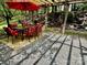 Inviting outdoor patio with red table and chairs, pergola, and stone accents at 1230 Somersby Ln, Matthews, NC 28105