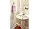 Close-up of a powder room with pedestal sink and wood-look flooring at 12904 Windy Lea Ln, Huntersville, NC 28078