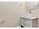 Modern bathroom featuring white vessel sink on gray vanity with silver hardware and contemporary faucet at 13407 Morgan Lee Ave, Charlotte, NC 28213