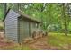 Green painted storage shed on a well-maintained property, offering practical storage solutions and firewood storage in the backyard at 2301 Seth Thomas Rd, Charlotte, NC 28210