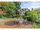 An outdoor patio with table and chairs, shaded by a striped umbrella and surrounded by plants at 2424 Cumberland Ave, Charlotte, NC 28203