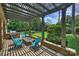 Covered outdoor area with pergola featuring a brick barbecue area and seating with bright blue chairs at 3032 Kings Manor Dr, Matthews, NC 28104