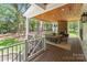 Inviting covered porch features an outdoor dining area, stone fireplace, and wooded backyard views at 3601 Woody Grove Ln, Charlotte, NC 28210