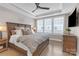 The owner's suite features large windows with plantation shutters, tray ceiling, and light hardwood flooring at 5060 Harrowsmith Ln, Charlotte, NC 28204