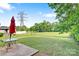 Large backyard with a patio seating area, lush green lawn, and mature trees at 5311 Oakdale Ridge Rd, Charlotte, NC 28216