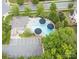 An aerial view of the community pool featuring umbrellas, lounge chairs, and ample parking at 9429 Ridgeforest Dr, Charlotte, NC 28277