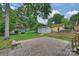 Backyard with mature trees featuring a stone patio and storage shed at 7050 Knightswood Dr, Charlotte, NC 28226