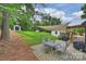 Inviting backyard patio with a shade sail, outdoor dining set, and a well-manicured lawn at 1119 Thornsby Ln, Matthews, NC 28105