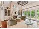 Bright living room with a fireplace, vaulted ceilings, and French doors leading to an outdoor area at 2240 La Maison Dr, Charlotte, NC 28226