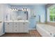 Bright bathroom features a double vanity, tub, and a large mirror with modern lighting at 305 River Birch Cir, Mooresville, NC 28115