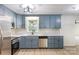 Updated kitchen features stylish blue cabinets, stainless appliances, and bright white countertop at 2280 Cannon Farm Rd, China Grove, NC 28023