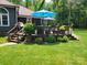 A spacious wooden deck furnished with outdoor seating and surrounded by lush landscaping at 2777 Old South Nw Ct, Concord, NC 28027