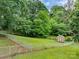 View of a well-maintained yard with a shed surrounded by lush trees and greenery, enclosed by a chain-link fence at 310 Yarbro Rd, Kings Mountain, NC 28086