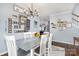 Open dining room featuring a modern chandelier, unique wall decor, and wood flooring at 3236 Wicklow Ln, Clover, SC 29710