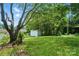Lush backyard featuring mature shade trees, a storage shed, and a well-maintained lawn at 435 Sixteenth St, Cramerton, NC 28032