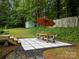 Backyard features a patio set with umbrella and a view of the surrounding lush vegetation at 4848 Spicewood Dr, Charlotte, NC 28227