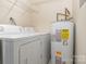 Functional laundry room features a washer, dryer and water heater, with wire shelving above at 6203 Rosecroft Dr, Charlotte, NC 28215