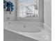 Large soaking tub with a garden view from the window in a modern bathroom at 8906 Pickering Grove Ln, Charlotte, NC 28216