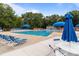A beautiful community pool featuring ample seating, umbrellas, and tables at 8906 Pickering Grove Ln, Charlotte, NC 28216